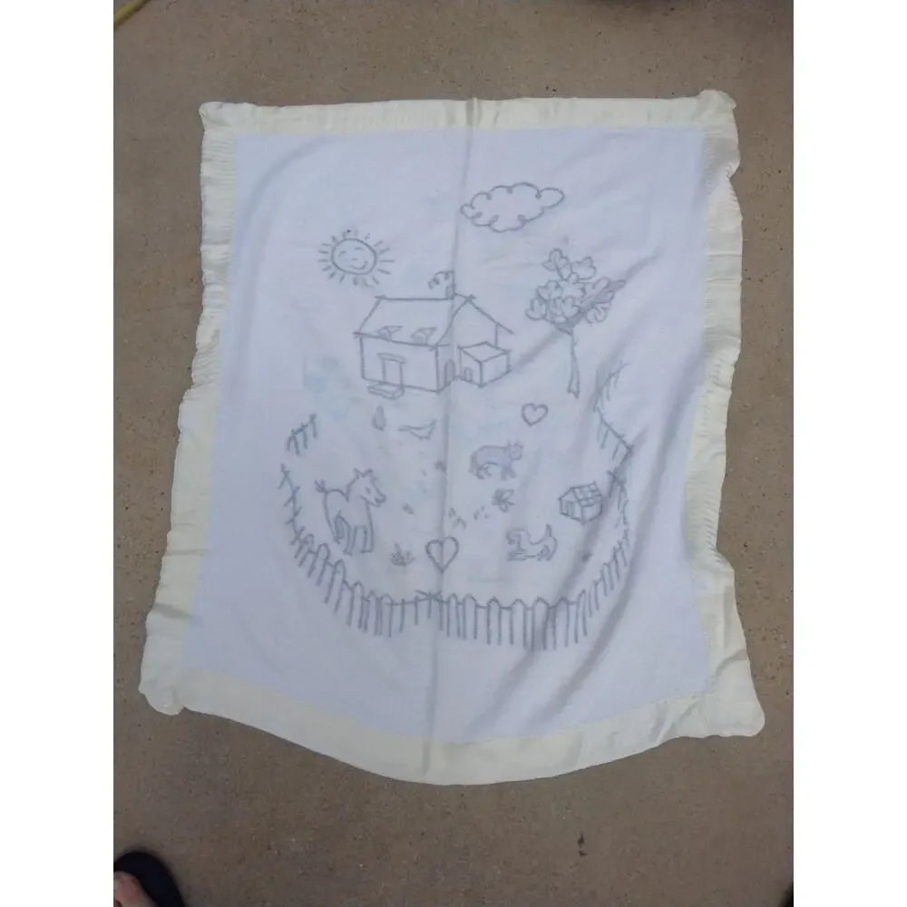 Vintage Cotton Baby Blanket Farm House Goose Cow Horse Dog 33x36